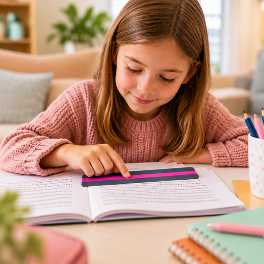 Enfant utilisant une bande de lecture guidée rose pour lire à la maison