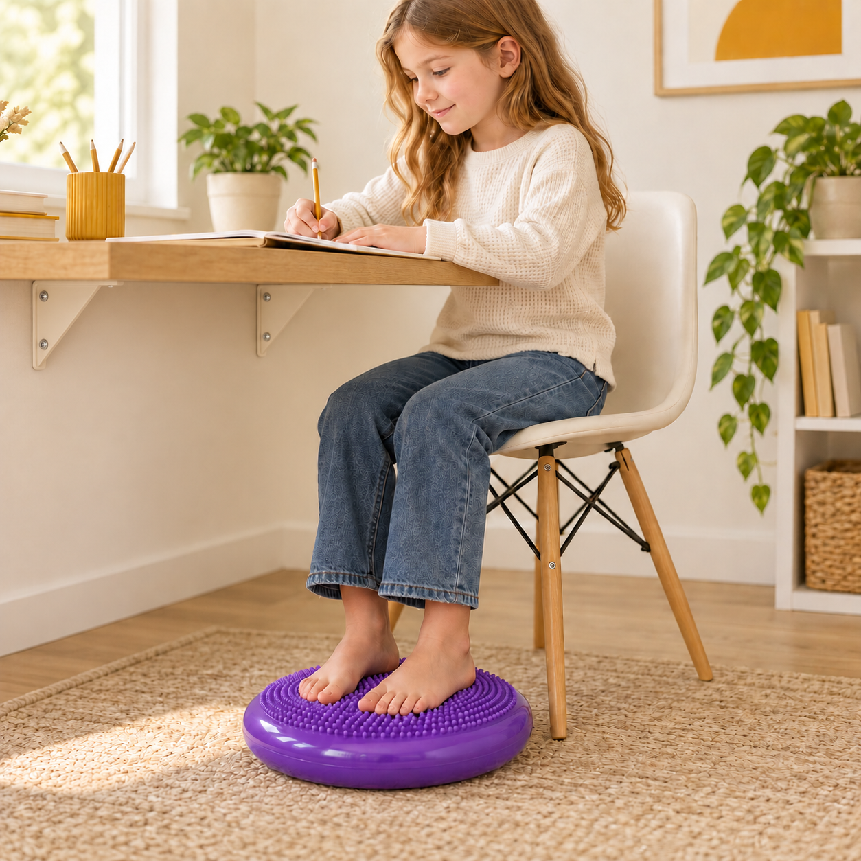 Coussin d’équilibre violet à picots sous les pieds pendant les devoirs, mise en situation illustrée