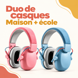 Duo maison et école ApprentiKids : deux casques antibruit enfant, rose et bleu, sur fond crème.