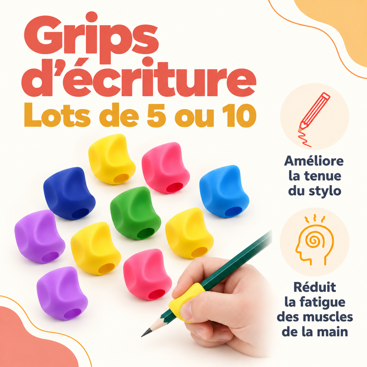 Grips d’écriture ergonomiques en silicone – lots de 5 ou 10 pour améliorer la tenue du crayon