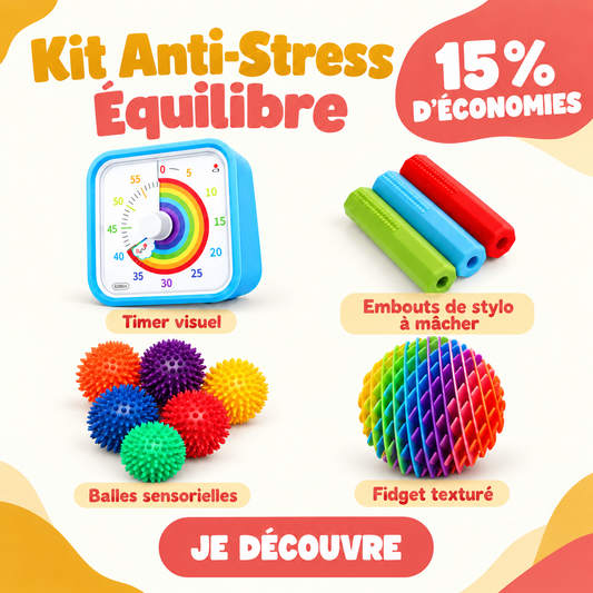 Kit Anti-Stress Équilibre ApprentiKids : timer visuel, embouts de stylo à mâcher, balles sensorielles et fidget texturé.