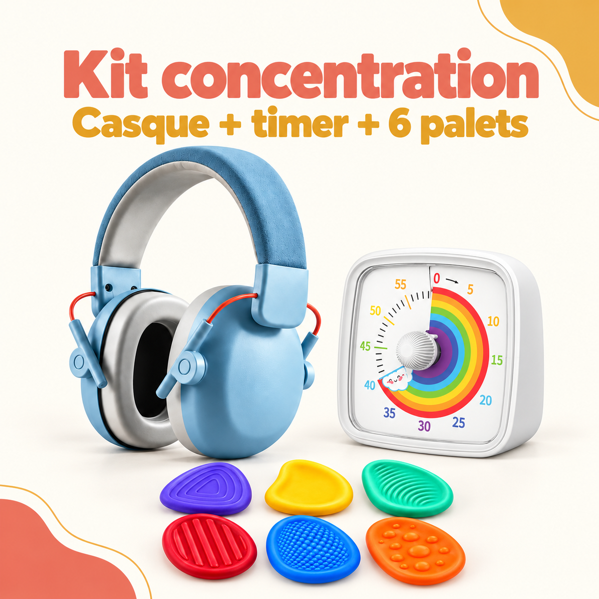 Kit concentration ApprentiKids avec un casque antibruit bleu, un timer visuel arc-en-ciel et six palets texturés multicolores.
