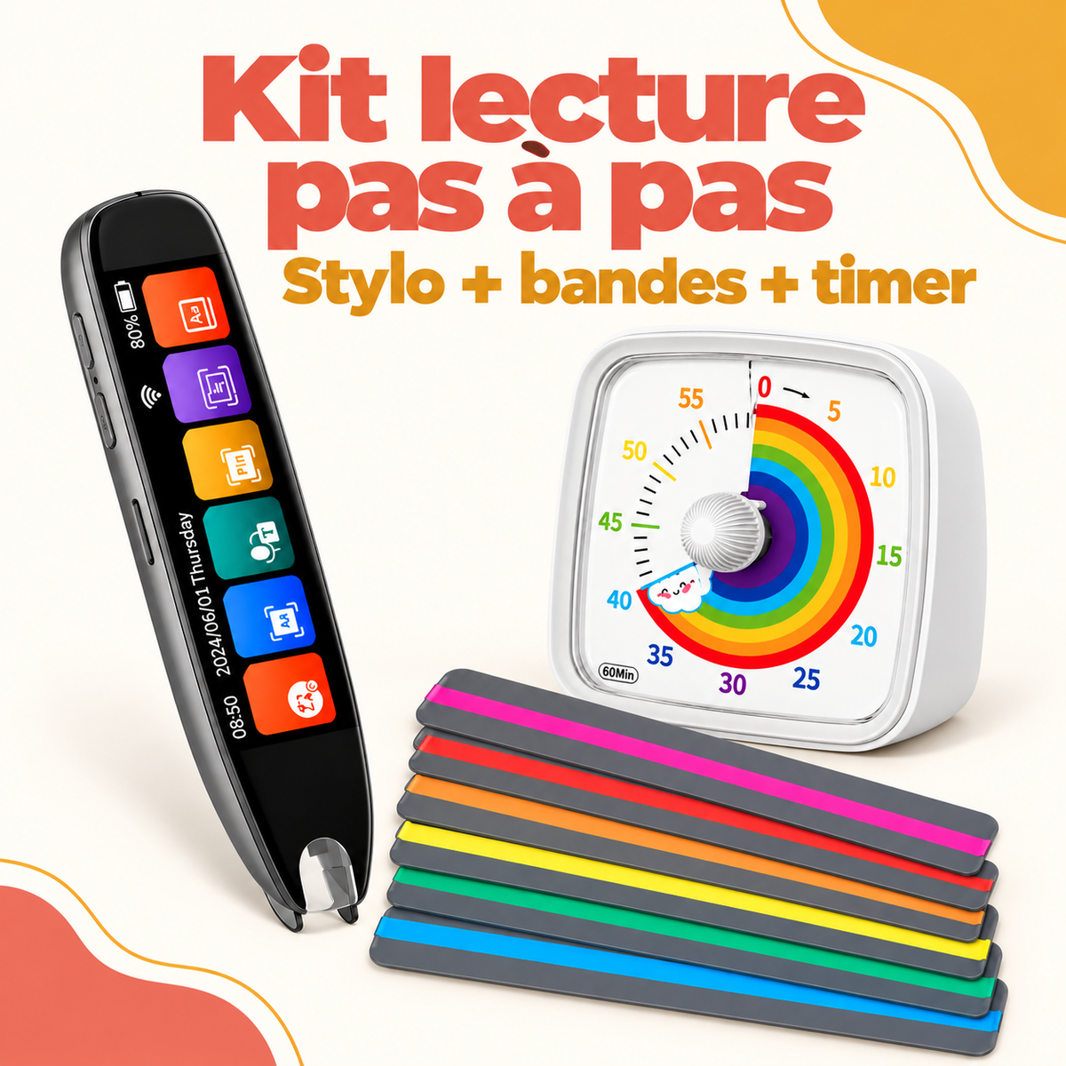 Kit lecture pas à pas : stylo lecteur traducteur noir, six bandes de lecture colorées et Time Timer visuel 60 minutes