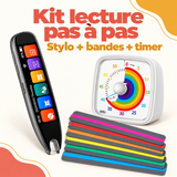 Kit lecture pas à pas : stylo lecteur traducteur noir, six bandes de lecture colorées et Time Timer visuel 60 minutes
