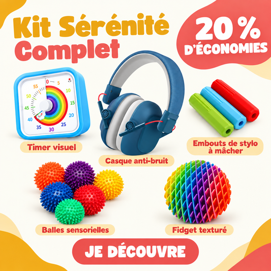 Kit Sérénité Complet ApprentiKids : casque anti-bruit, timer visuel, embouts de stylo à mâcher, balles sensorielles et fidget texturé.