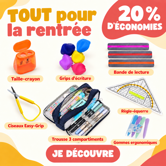 Kit Tout pour la rentrée ApprentiKids : grips d’écriture, taille-crayon, bande de lecture, ciseaux Easy-Grip, trousse à trois compartiments, règle-équerre et gommes ergonomiques.