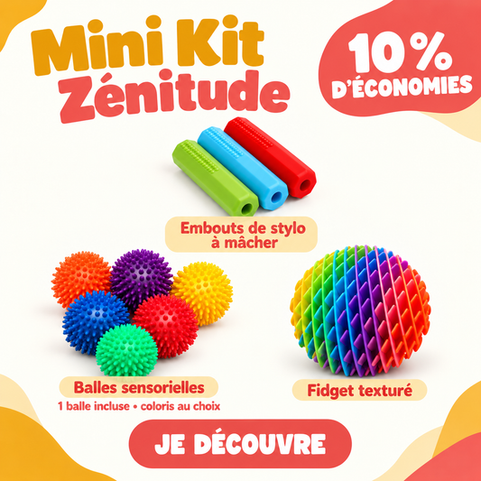 Mini Kit Zénitude ApprentiKids : fidget texturé, une balle sensorielle au choix et trois embouts de stylo à mâcher.