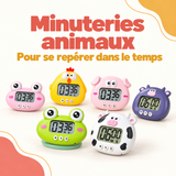 Minuteries numériques en forme d’animaux colorés avec écran et boutons de réglage.