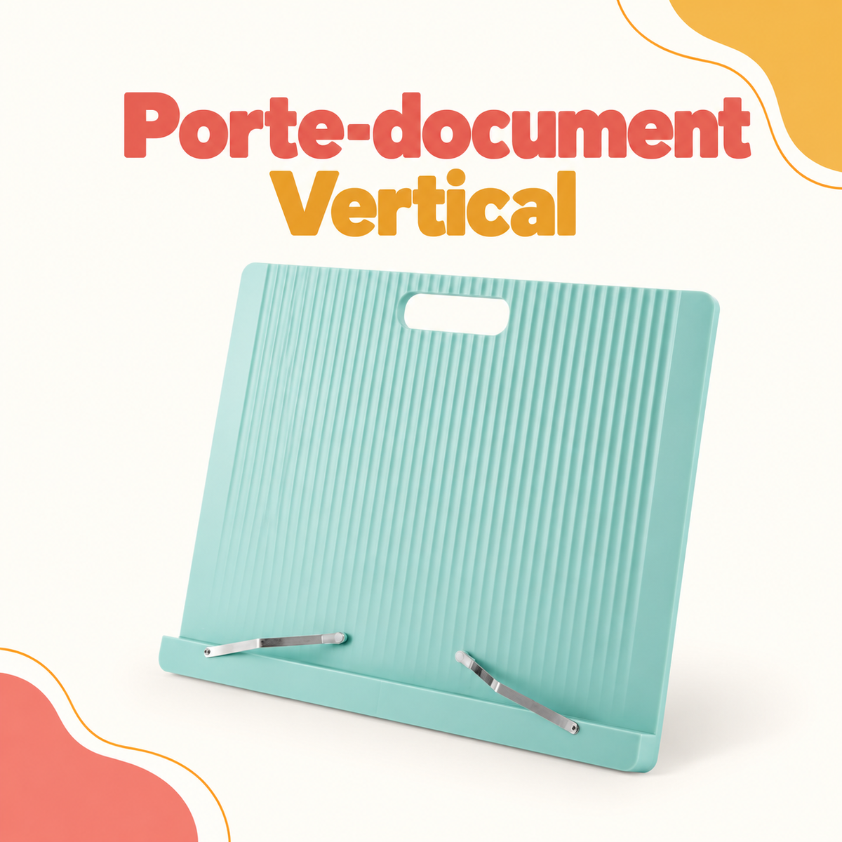 Porte-document vertical vert avec poignée de transport et support métallique.