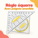 Règle-équerre transparente avec rapporteur intégré et poignée amovible jaune.