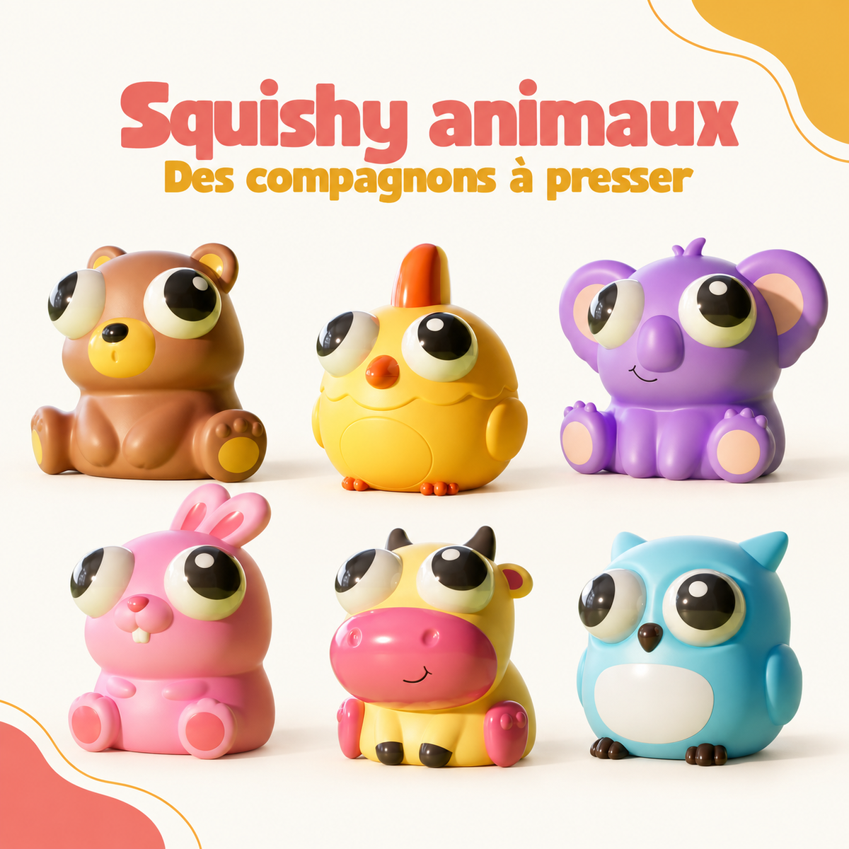 Squishy animaux aux grands yeux : ours, poule, koala, lapin, vache et hibou.