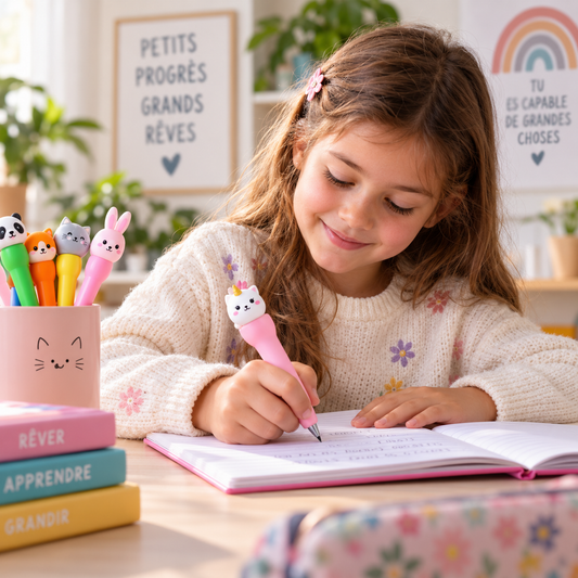 Enfant écrivant avec un stylo Squishy Kawaii rose à son bureau, avec plusieurs stylos fantaisie dans un pot.