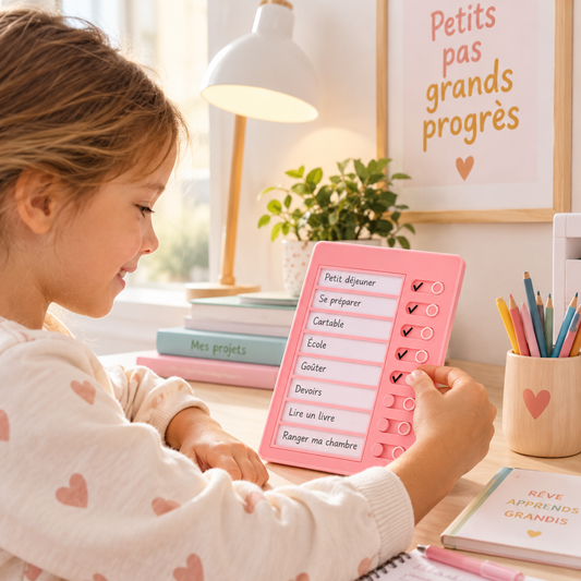 Enfant utilisant un tableau To-Do List à la maison pour organiser ses tâches et gagner en autonomie