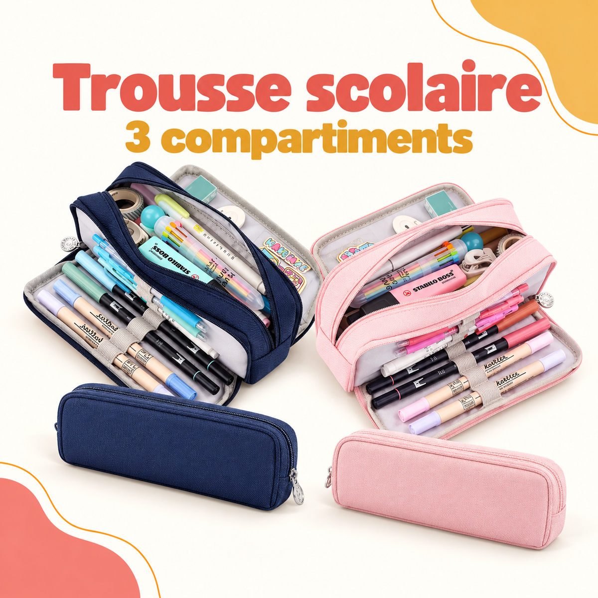 Trousses scolaires à trois compartiments, bleu marine et rose, présentées ouvertes et fermées.
