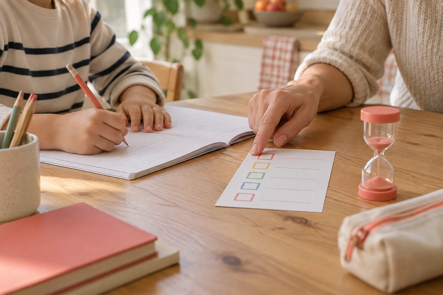 Un enfant avance dans ses devoirs avec l’aide d’un parent, une checklist et un sablier sur la table